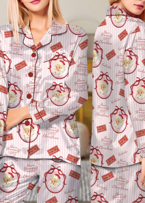 Pink Retro Santa Print Satin Pajamas Set For Women