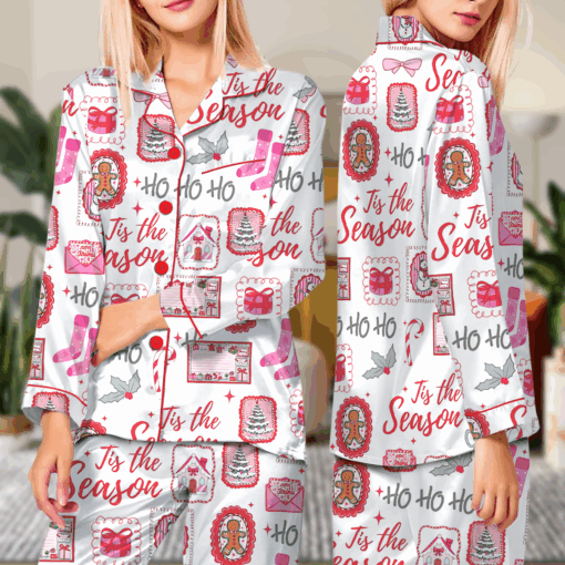 Pink Christmas Xmas Coquette Satin Pajamas Set For Women