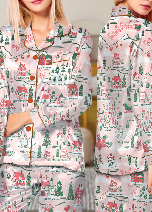 Women’s North Pole Village Map Christmas Retro Holiday Satin Pajama Set
