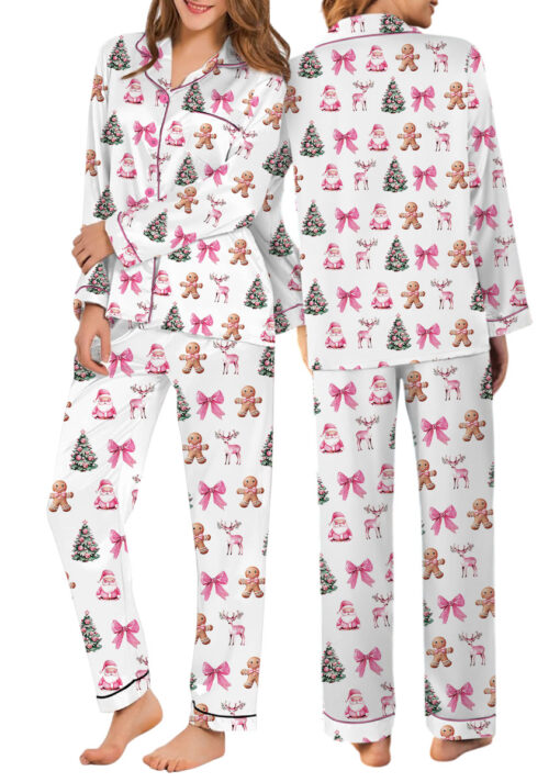 Coquette Pink Christmas Satin Pajama Set For Women