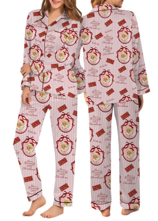 Pink Retro Santa Print Satin Pajamas Set For Women