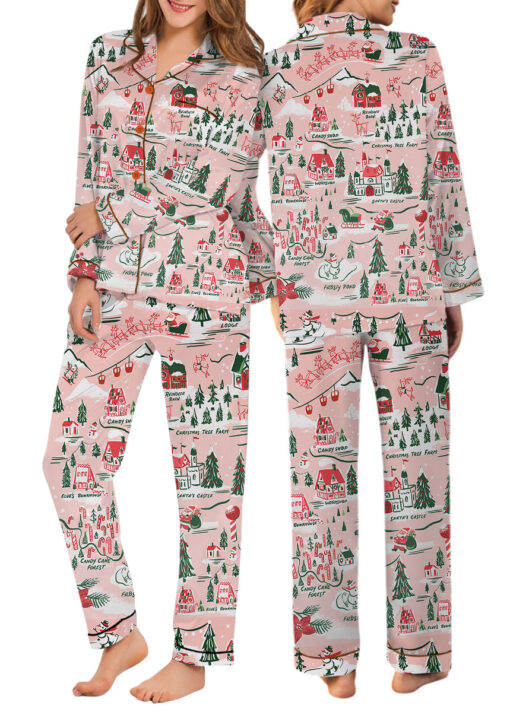 Women’s North Pole Village Map Christmas Retro Holiday Satin Pajama Set