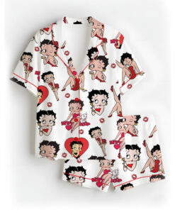 Women’s Betty Boop Satin Pajama Set, White And Red Color, US Size S-5XL