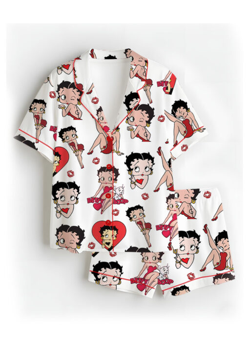Women’s Betty Boop Satin Pajama Set, White And Red Color, US Size S-5XL - Image 4