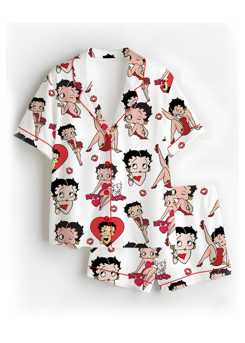 Women’s Betty Boop Satin Pajama Set, White And Red Color, US Size S-5XL