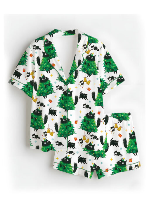 Merry Christmas Tree Black Cat Satin Pajamas Set For Women