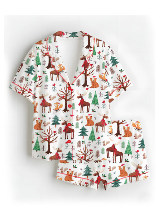 Christmas Forest Animals Satin Pajamas Set For Women