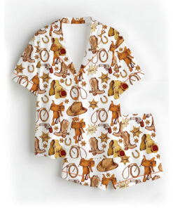 Western Cowboy Print Sleepwear Satin Pajamas Set For Women