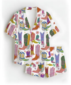 Women’s Boho Cowboy Boots Satin Pajama Set, White Color, US Size S-5XL