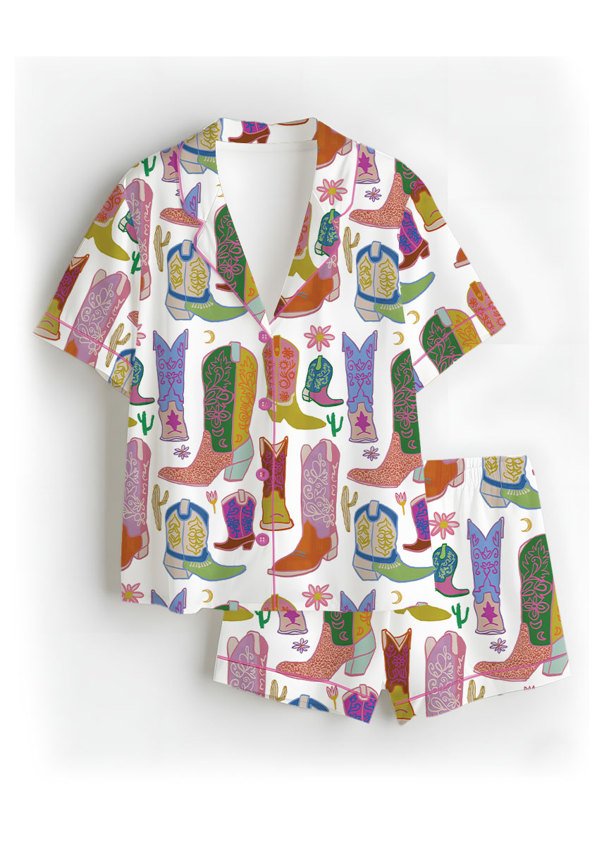 Women’s Boho Cowboy Boots Satin Pajama Set, White Color, US Size S-5XL