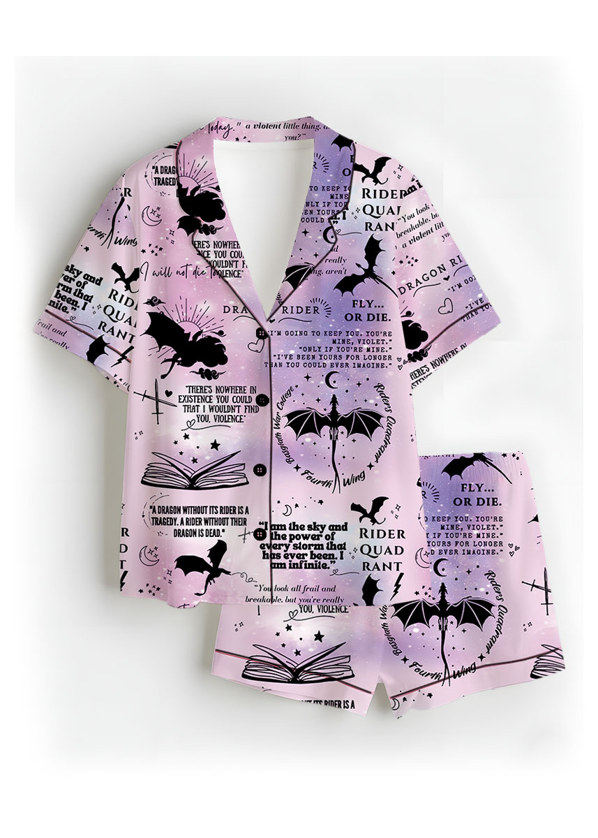 Women’s Fantasy Bookish Satin Pajama Set, Pastel Lilac Pink, US Size S-5XL