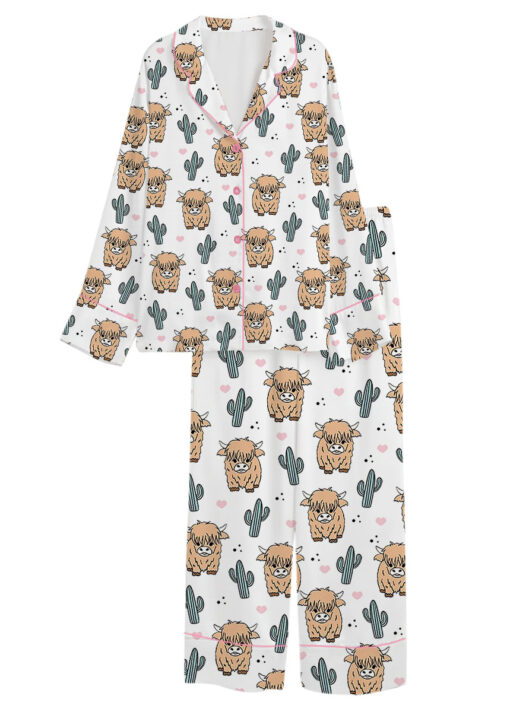 Women’s Western Cow Cactus Satin Pajama Set For Women