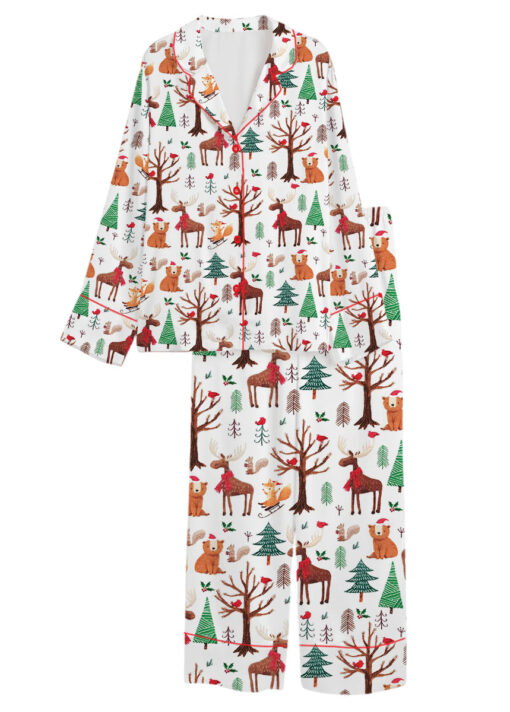 Christmas Forest Animals Satin Pajamas Set For Women