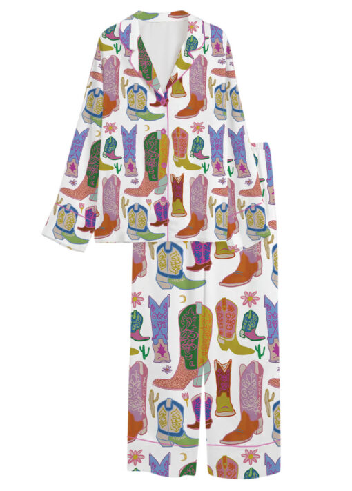 Women’s Boho Cowboy Boots Satin Pajama Set, White Color, US Size S-5XL - Image 9