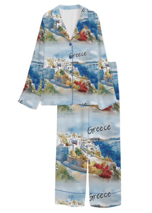 Women's Europe Travel Greece Pajamas Set For Women, Pastel Blue Color, US Size S-5XL - Image 8