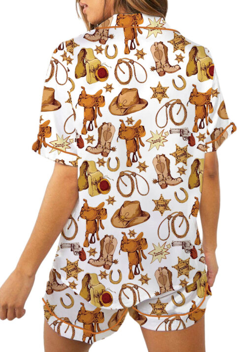 Western Cowboy Print Sleepwear Satin Pajamas Set For Women - Image 5