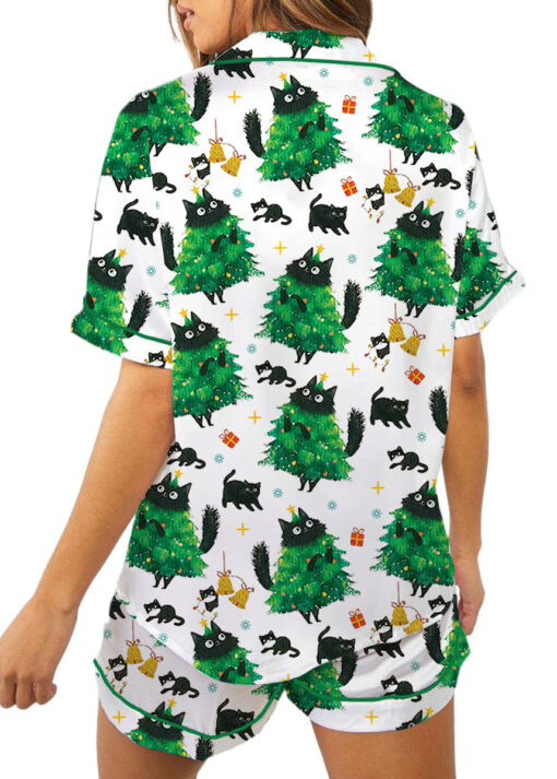 Merry Christmas Tree Black Cat Satin Pajamas Set For Women