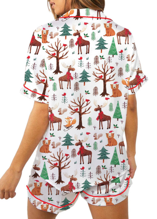 Christmas Forest Animals Satin Pajamas Set For Women