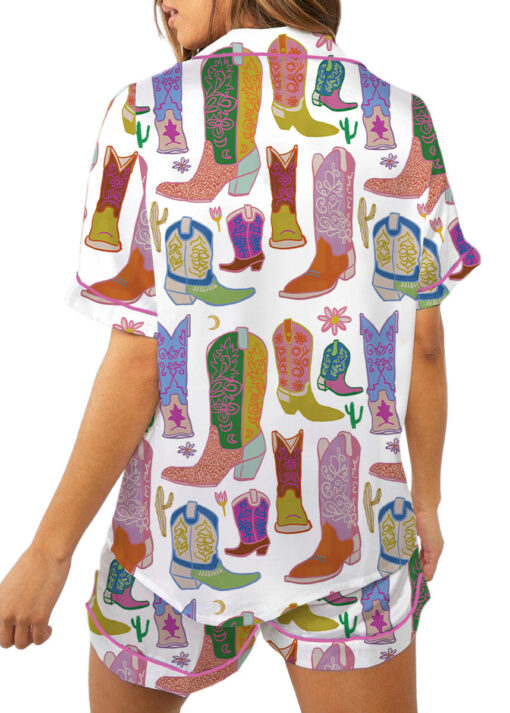 Women’s Boho Cowboy Boots Satin Pajama Set, White Color, US Size S-5XL - Image 4