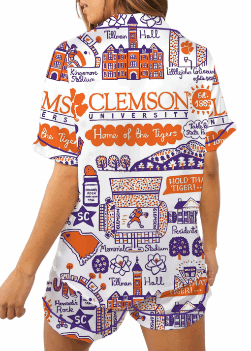 Clemson Tigers Hand Sketched Satin Pajamas Set For Women - Image 5