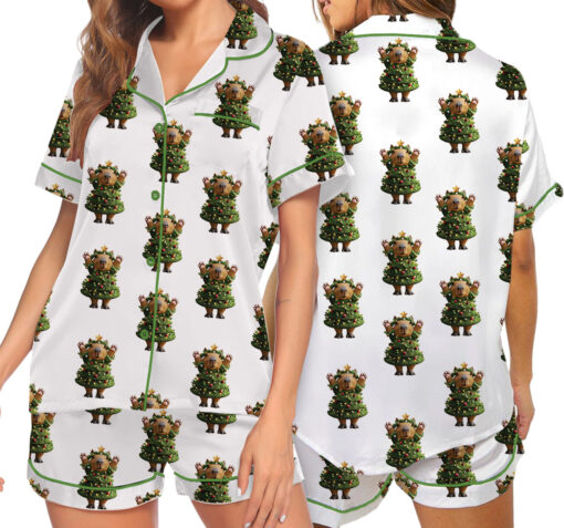 Cute Capybara Christmas Satin Pajamas Set For Women