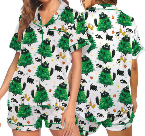Merry Christmas Tree Black Cat Satin Pajamas Set For Women