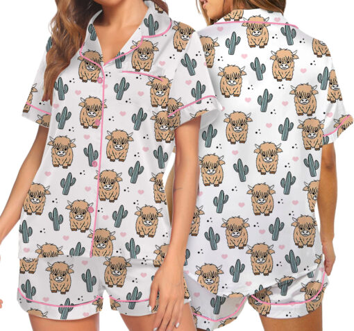 Women’s Western Cow Cactus Satin Pajama Set For Women