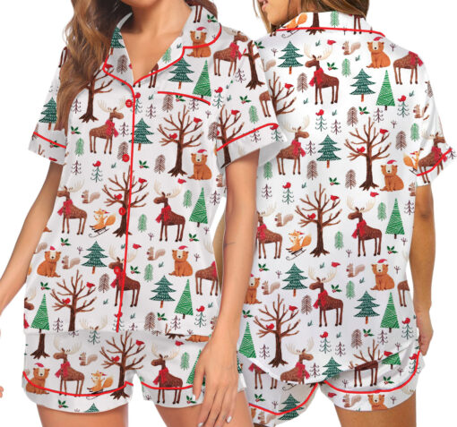 Christmas Forest Animals Satin Pajamas Set For Women