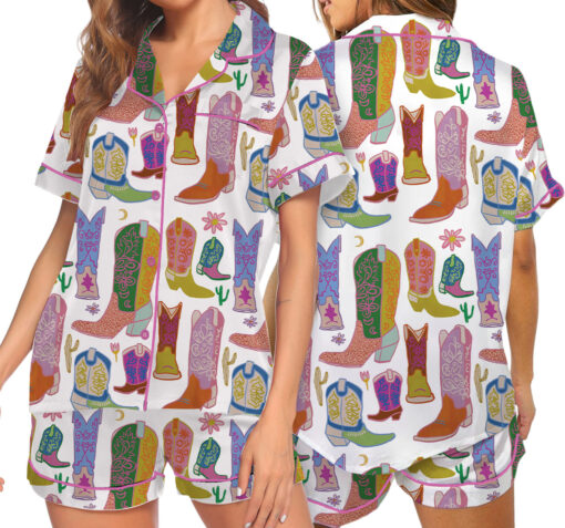 Women’s Boho Cowboy Boots Satin Pajama Set, White Color, US Size S-5XL - Image 7