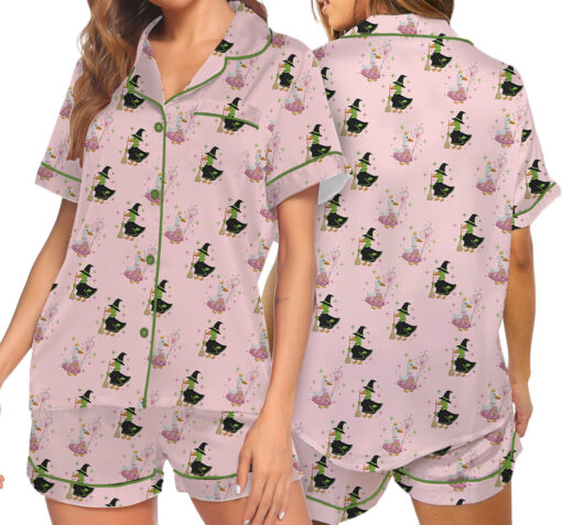Green And Pink Duck Satin Pajamas Set For Women