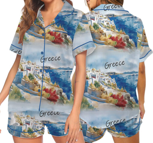 Women's Europe Travel Greece Pajamas Set For Women, Pastel Blue Color, US Size S-5XL - Image 6
