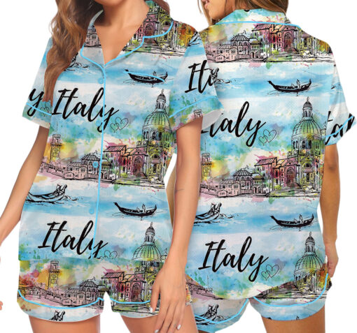 Women's Italy Souvenirs Travel Essentials Pajamas Set For Women, Pastel Blue Color, US Size S-5XL - Image 6