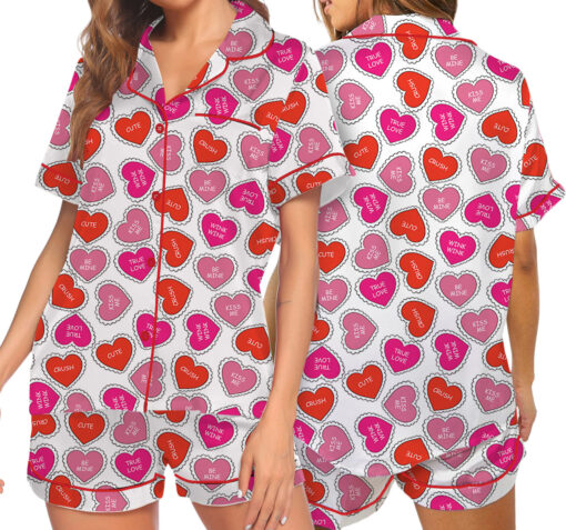 Valentine Day's Heart Shape Satin Pajama Set For Women