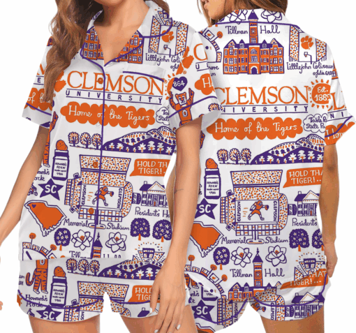 Clemson Tigers Hand Sketched Satin Pajamas Set For Women - Image 6