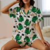 Merry Christmas Tree Black Cat Satin Pajamas Set For Women