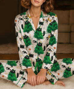 Merry Christmas Tree Black Cat Satin Pajamas Set For Women