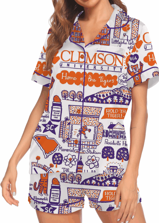 Clemson Tigers Hand Sketched Satin Pajamas Set For Women - Image 3