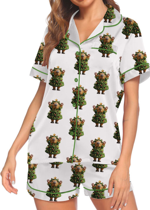 Cute Capybara Christmas Satin Pajamas Set For Women
