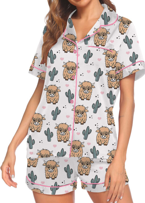 Women’s Western Cow Cactus Satin Pajama Set For Women