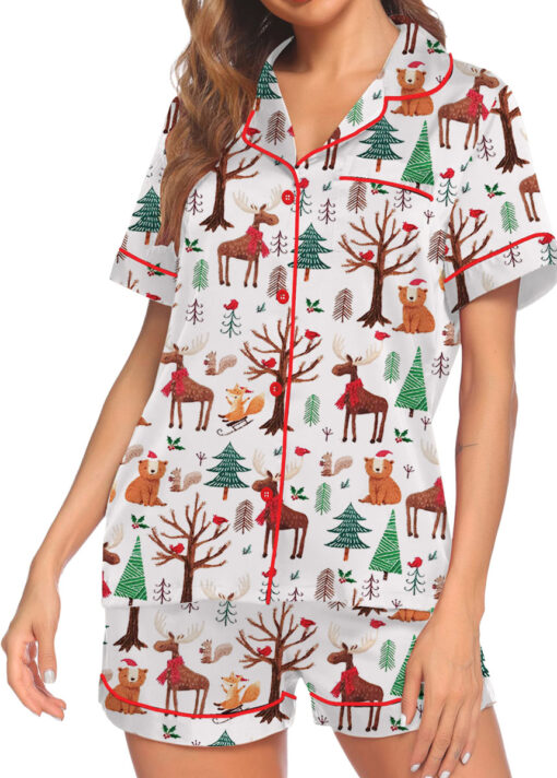 Christmas Forest Animals Satin Pajamas Set For Women