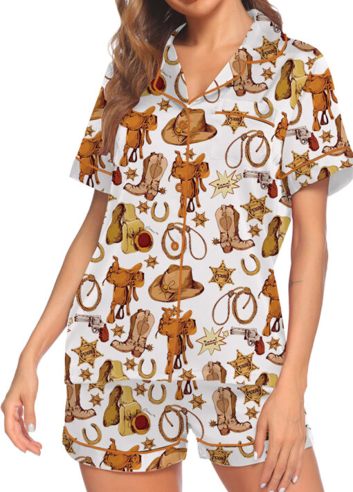 Western Cowboy Print Sleepwear Satin Pajamas Set For Women - Image 3