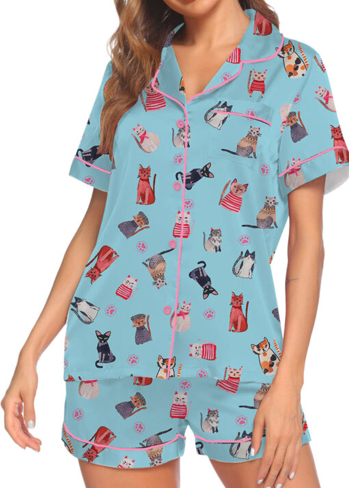 Cute Katzen Satin Pajamas Set For Women - Image 2