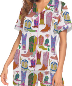 Alternative view of Women’s Boho Cowboy Boots Satin Pajama Set, White Color, US Size S-5XL