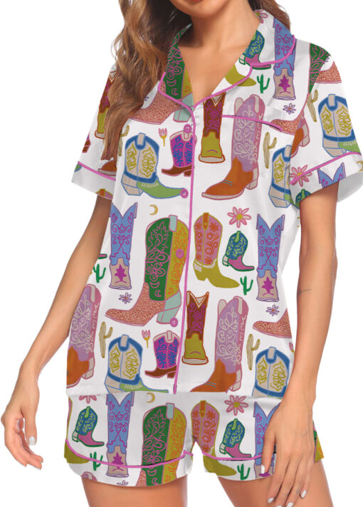 Women’s Boho Cowboy Boots Satin Pajama Set, White Color, US Size S-5XL - Image 2