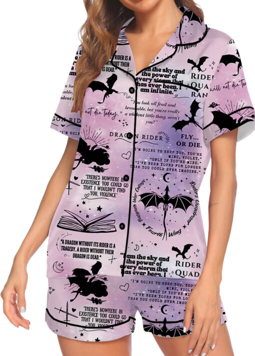 Women’s Fantasy Bookish Satin Pajama Set, Pastel Lilac Pink, US Size S-5XL - Image 3