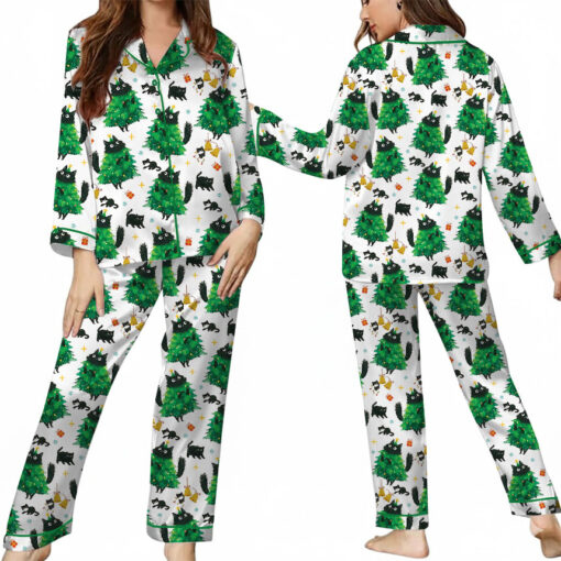 Merry Christmas Tree Black Cat Satin Pajamas Set For Women