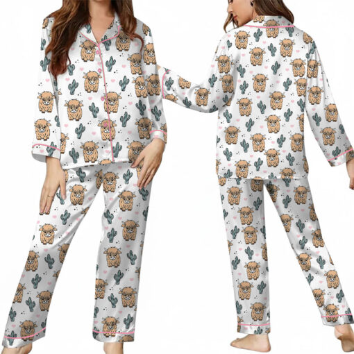 Women’s Western Cow Cactus Satin Pajama Set For Women