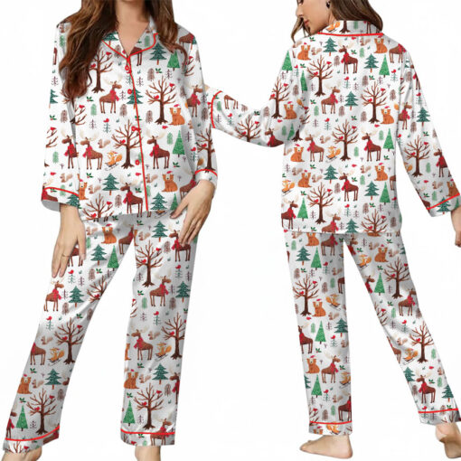 Christmas Forest Animals Satin Pajamas Set For Women