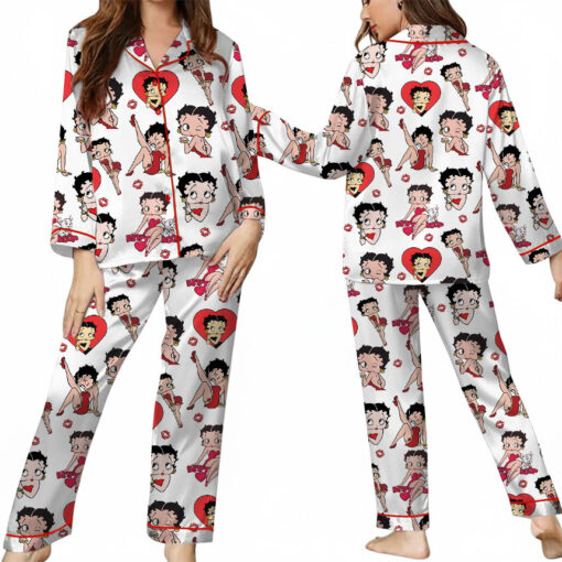 Women’s Betty Boop Satin Pajama Set, White And Red Color, US Size S-5XL - Image 14