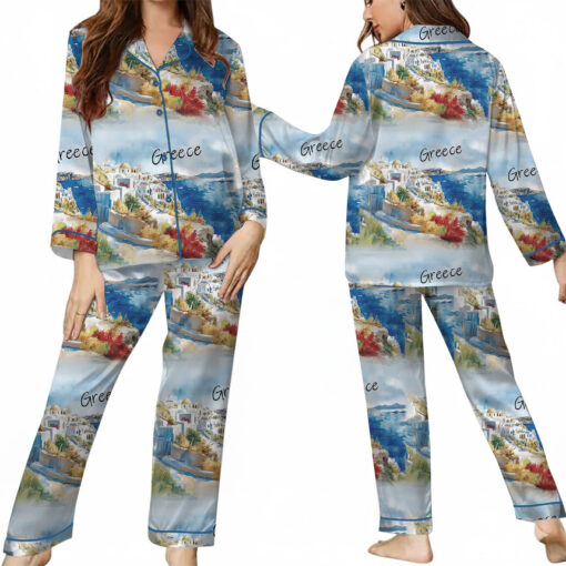 Women's Europe Travel Greece Pajamas Set For Women, Pastel Blue Color, US Size S-5XL - Image 9